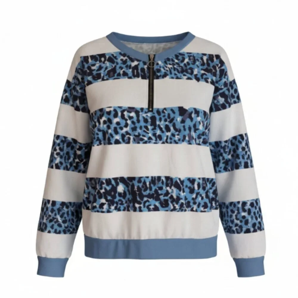 Long Sleeve T-shirt  Sz L  NEW Crew Neck Casual Blouse 1/4 zip blue/white Women - Picture 3 of 13